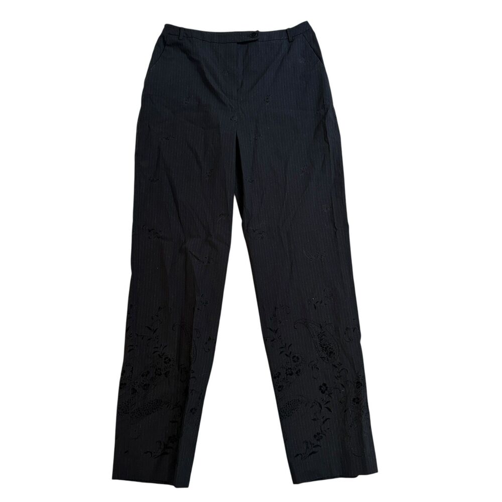 Emanuel Liberte Black Pinstripe Floral Embroidered Stretch Bootcut Dress Pants 8